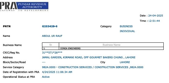 PRA TAX REGISTRATION CERTIFICATE